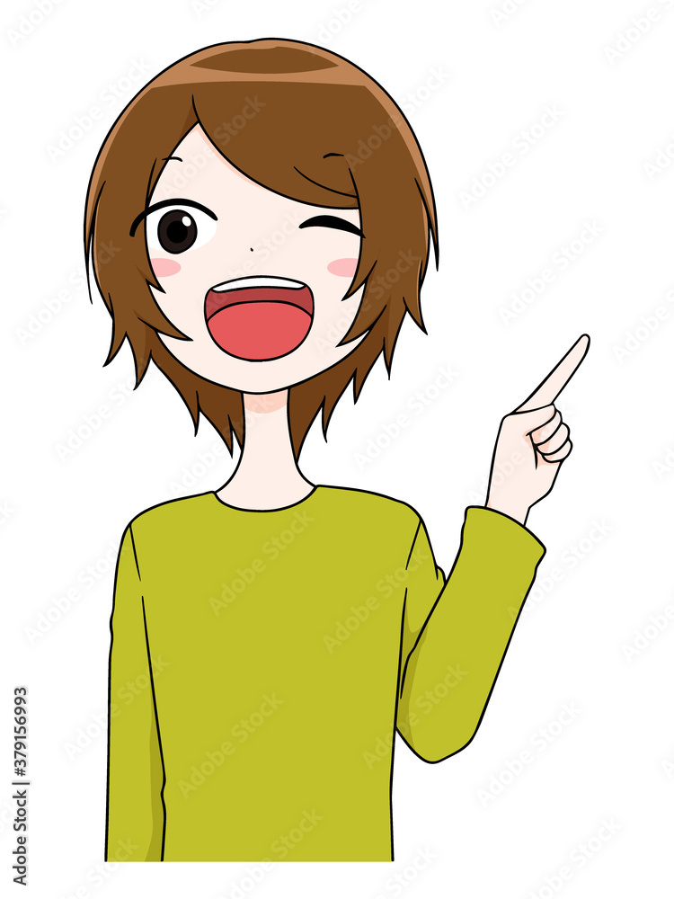 指さし案内をしているウインクをする女性