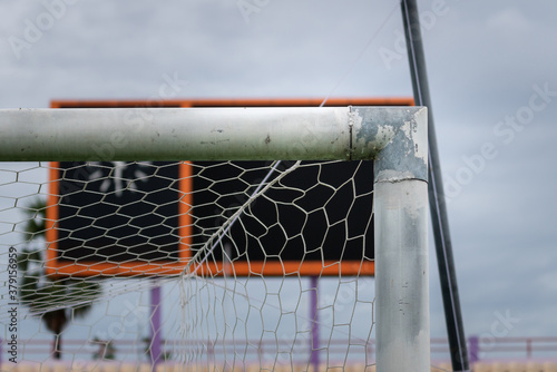 Canvas Print Football (soccer) goal and crossbar structure in standard stadium, object close-up