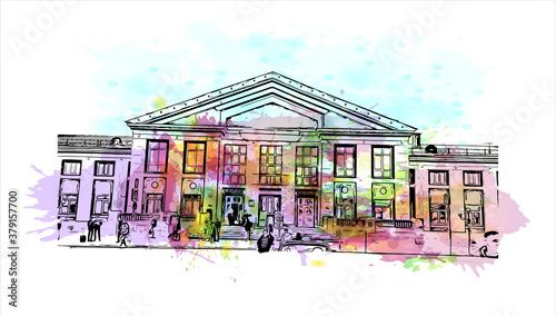 Building view with landmark of Barnaul is a city on the western banks of the Ob River in the Altai Krai region of Siberia. Watercolor splash with hand drawn sketch illustration in vector.
