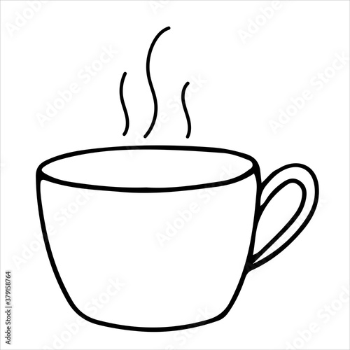 Vector mug with steam. Hot drink. Tea or coffee. Illustration in doodle outline style.