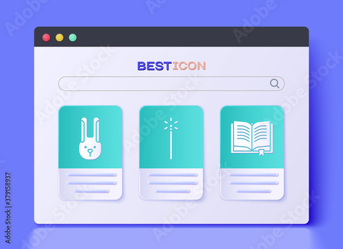 Set Magic wand, Rabbit with ears and Ancient magic book icon. Vector.