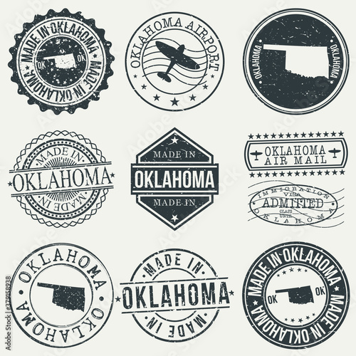 Oklahoma Set of Stamps. Travel Stamp. Made In Product. Design Seals Old Style Insignia.