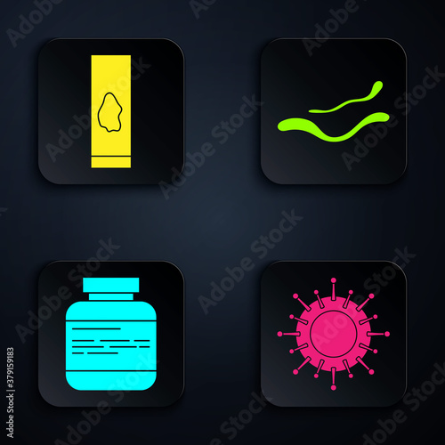 Set Virus, Blood test and virus, Medicine bottle and pills and Ebola virus disease. Black square button. Vector.