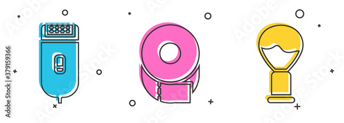 Set Electrical hair clipper or shaver, Toilet paper roll and Shaving brush icon. Vector.