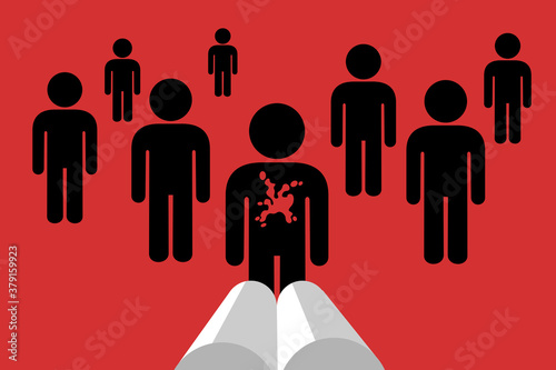 Mass shooting from the first person - weapon, gun and shotgun is shooting and killing people - murder, homicide and violent mass massacre. Vector illustration on plain background.