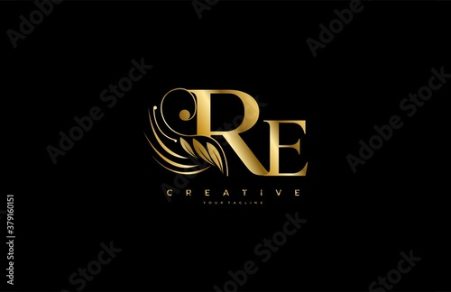 Initial RE letter luxury beauty flourishes ornament golden monogram logo photo
