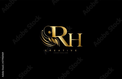 Initial RH letter luxury beauty flourishes ornament golden monogram logo