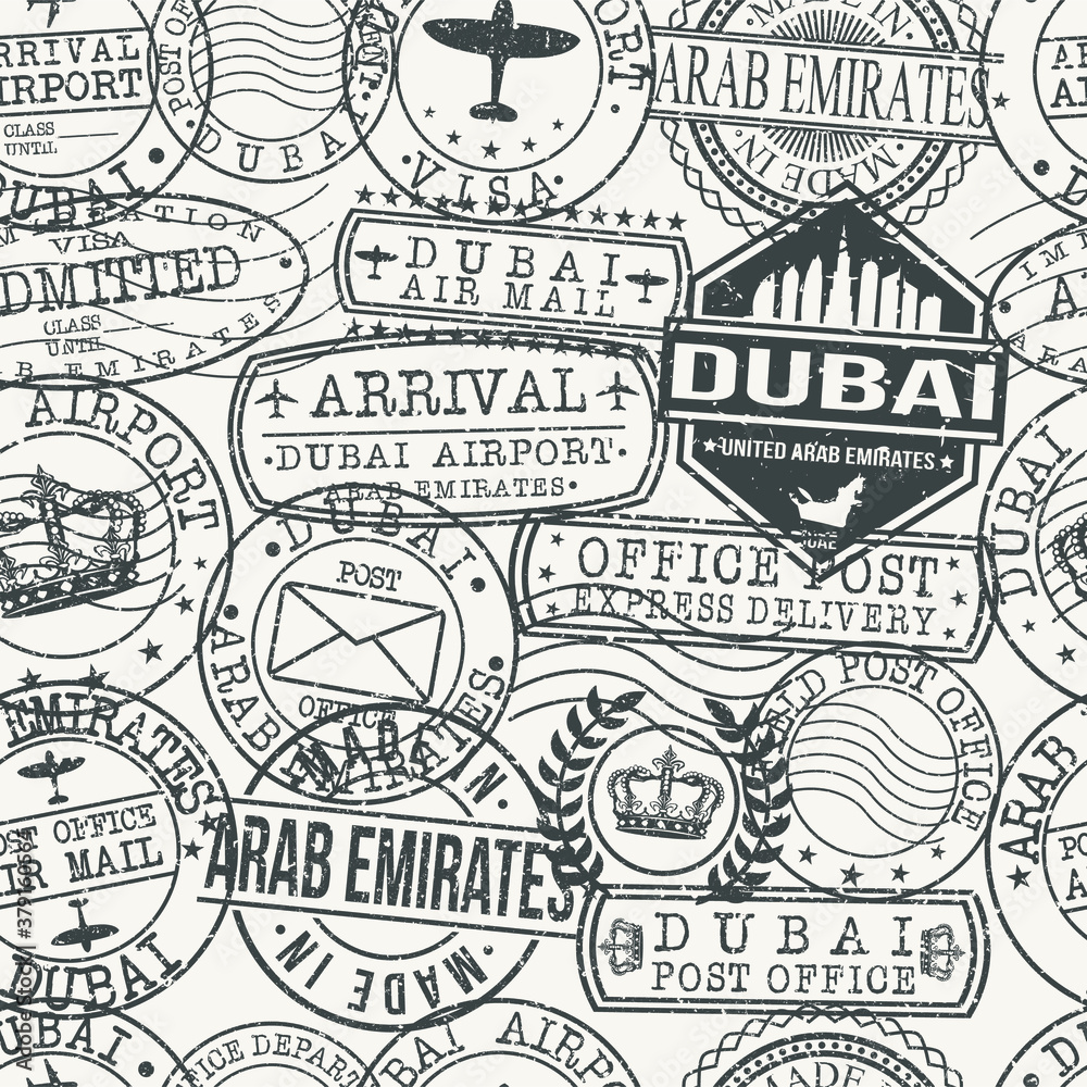 Dubai UAE City Stamp Vector Art Postal Passport Travel Design Set Pattern.
