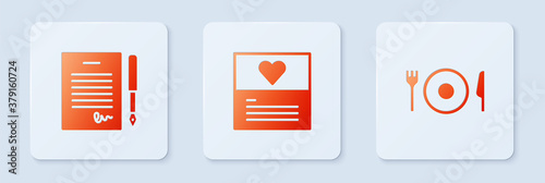 Set Greeting card, Marriage contract and Plate, fork and knife. White square button. Vector.