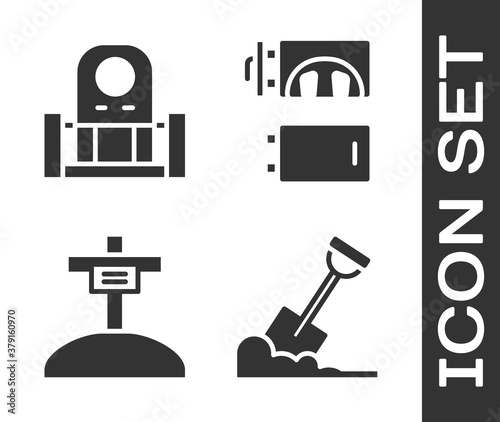 Set Shovel in the ground, Grave with tombstone, Grave with cross and Crematorium icon. Vector.