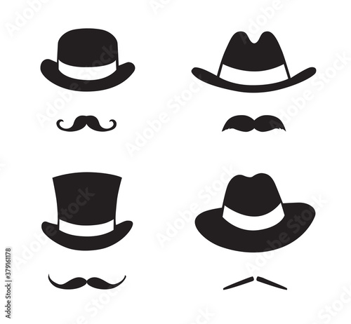 Retro set hat and mustache. Retro style, vector illustration. (ID: 379161178)