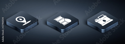 Set Isometric Refill petrol fuel location, Canister for motor machine oil and Barrel oil icon. Vector.