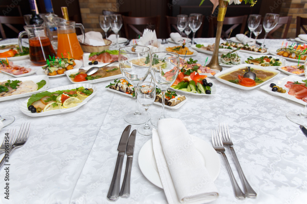 Table set for wedding or another catered event dinner.