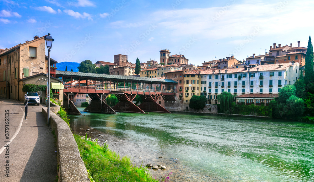 Fototapeta premium Beautiful medieval towns of Italy -picturesque Bassano del Grappa with famous bridge, Vicenza province, region of Veneto