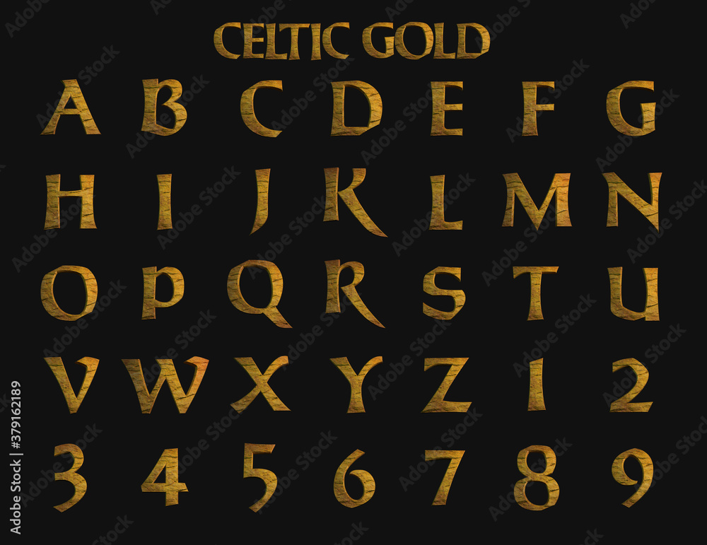 Celtic Gold fantasy alphabet - 3D Illustration