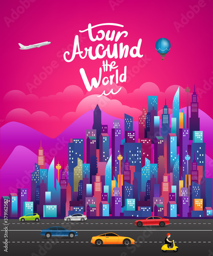 Tour around the world. Cityscape with city road
