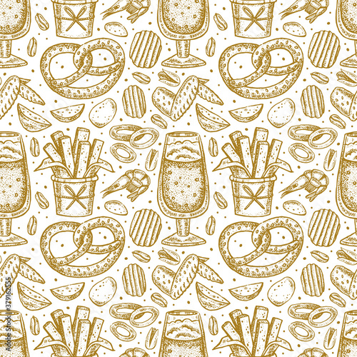 Oktoberfest seamless pattern, texture. Alcohol, glass of beer, snacks, fast food, chips, fried potato, meat, bread, peanuts, pretzel. Bar, pub menu design.