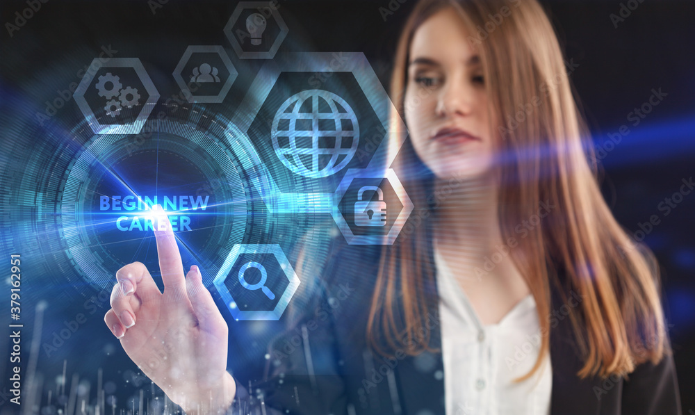 Business, Technology, Internet and network concept. Young businessman working on a virtual screen of the future and sees the inscription: Begin new career Business, Technology, Internet and network concept. Young businessman working on a virtual screen of the future and sees the inscription: Begin new career