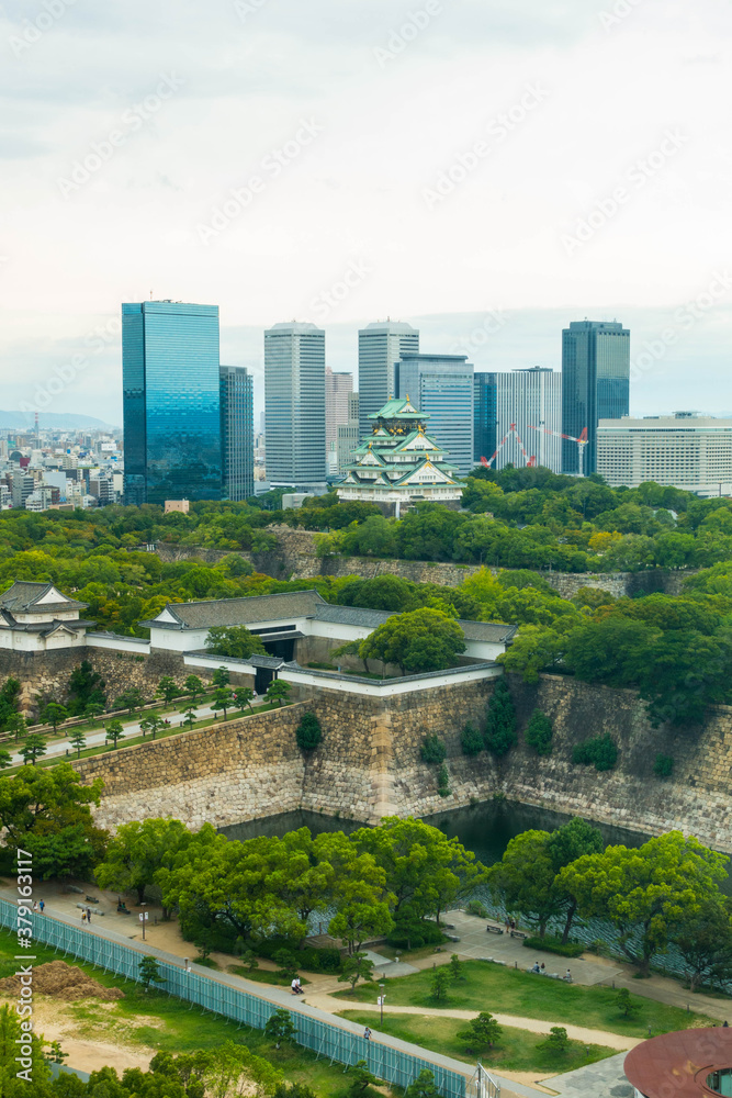 Osaka city and Osaka Castle top view