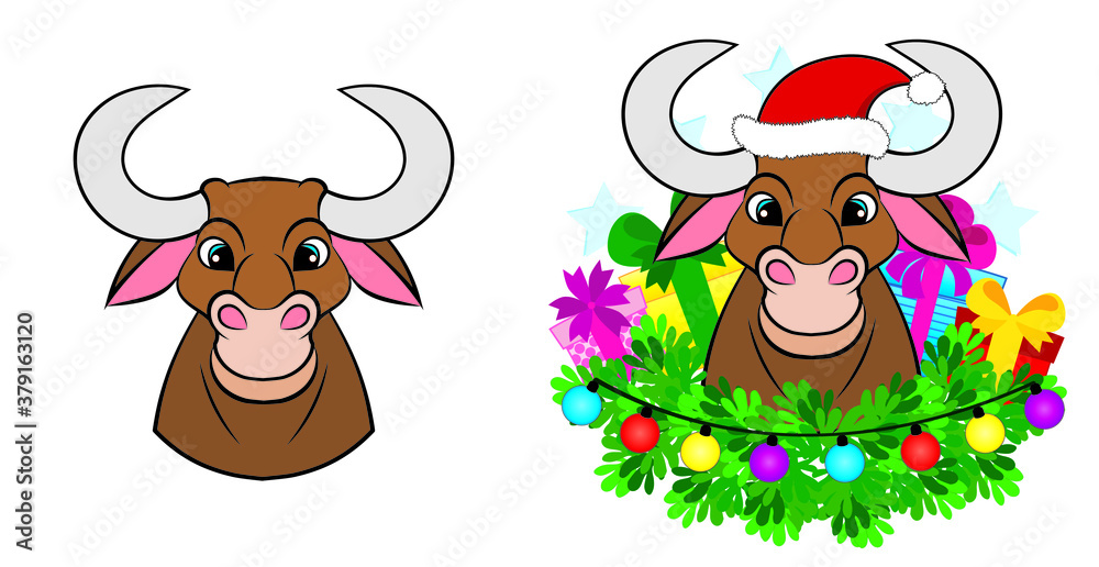 smiling bull head with big horns, set of characters with elements of New Year's decor, vector illustration smiling bull head with big horns, set of characters with elements of New Year's decor, vector illustration