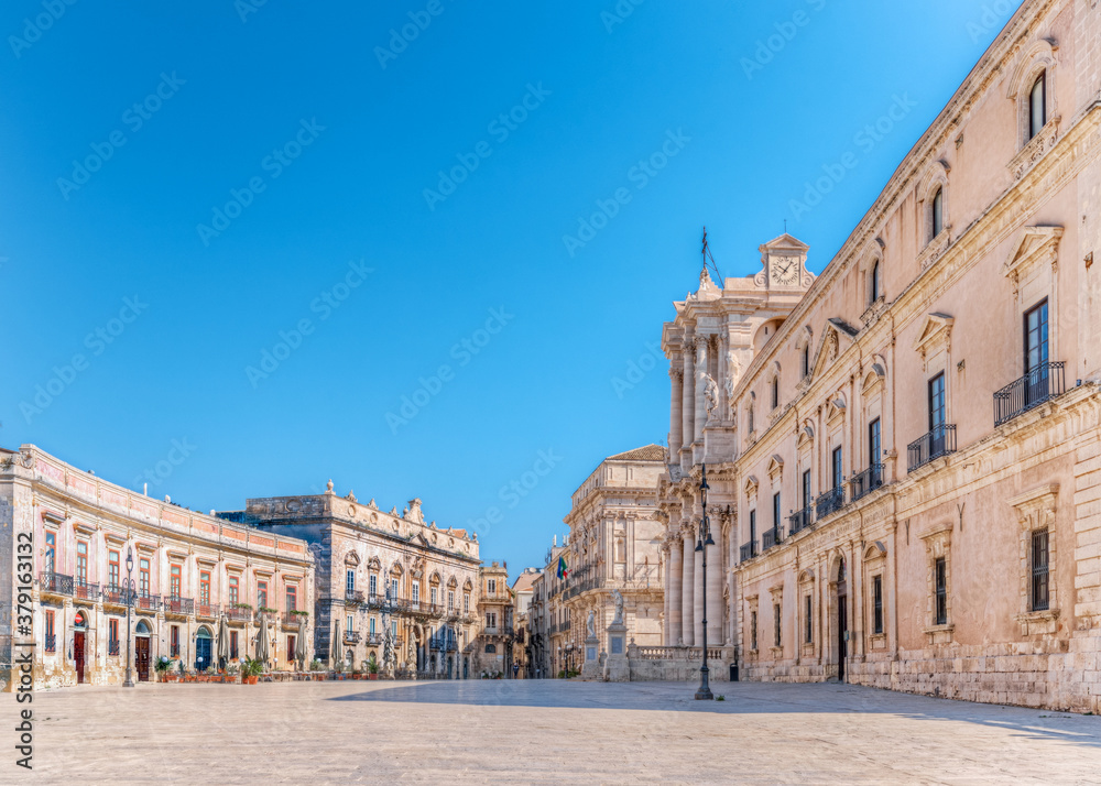 Syracuse Sicily, cathedral square below in blue sky