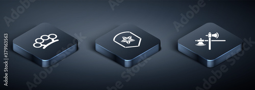 Set Isometric Brass knuckles, Crossed medieval axes and Police badge icon. Vector.