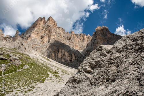 Panoramic view on the south side of the Sassolungo, from the path that leads to the Vicenza refuge, South Tyrolean Dolomites 