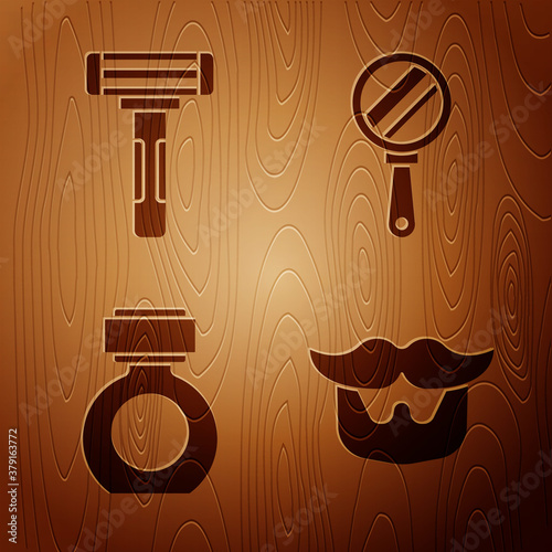 Set Mustache and beard, Shaving razor, Aftershave and Hand mirror on wooden background. Vector.