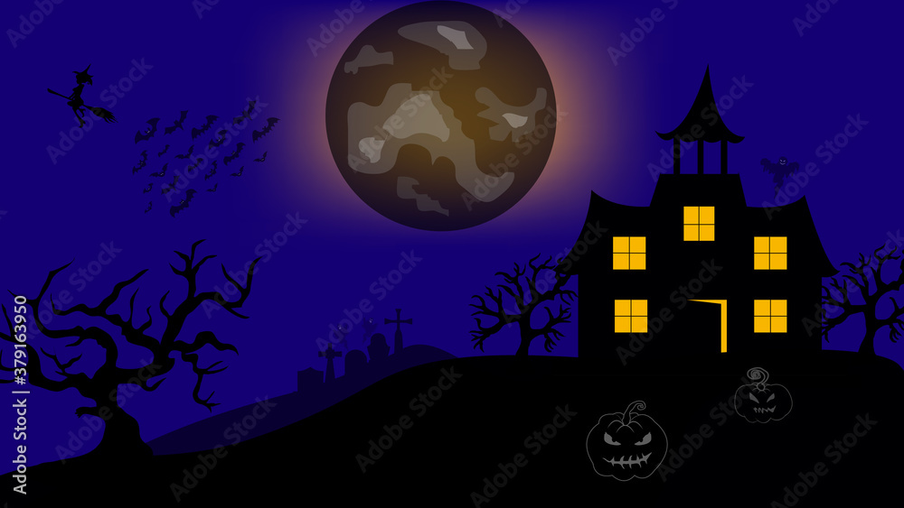Halloween pumpkins and castle illustration. Halloween night celebration. Style composition Background Halloween . Old haunted house surrounded by silhouettes of trees with the big moon. Vector image