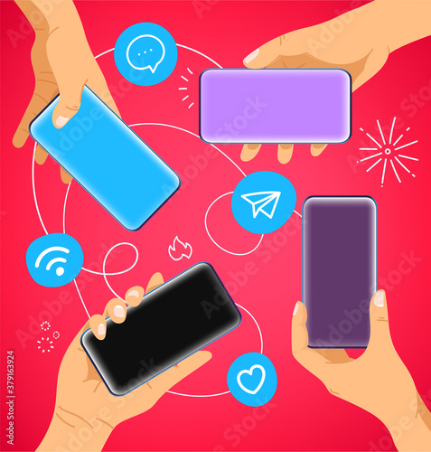 Hands with modern smartphones. Social media network communication