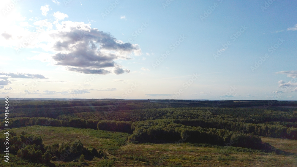 Fototapeta premium Top view drone shot of a green field.