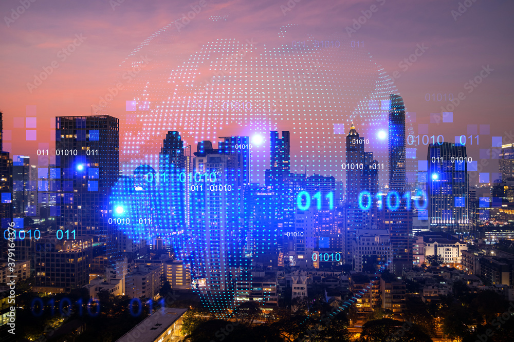 Obraz premium Glowing hologram of Earth planet map on aerial panoramic cityscape of Bangkok at sunset, Asia. The concept of international business. Multi Exposure.