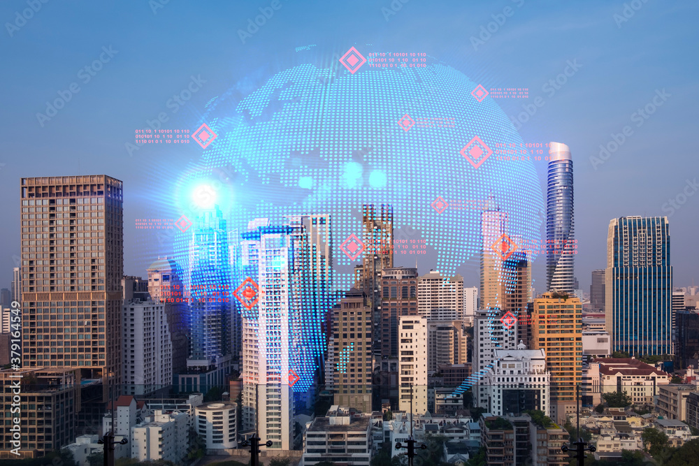Obraz premium Glowing hologram of Earth planet map on aerial panoramic cityscape of Bangkok at sunset, Asia. The concept of international business. Multi Exposure.
