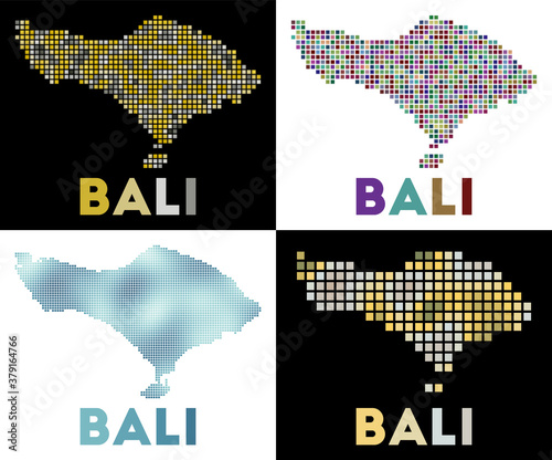 Bali map. Collection of maps of Bali in dotted style. Borders of the island filled with rectangles for your design. Vector illustration.
