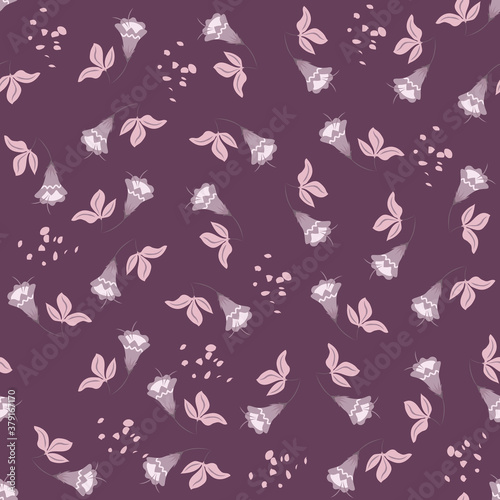 Simple vector floral seamless pattern. Abstract background with small flowers, leaves. Liberty style wallpapers. Ditsy texture. Folk style painting. Pink and purple color. Repeat decorative design