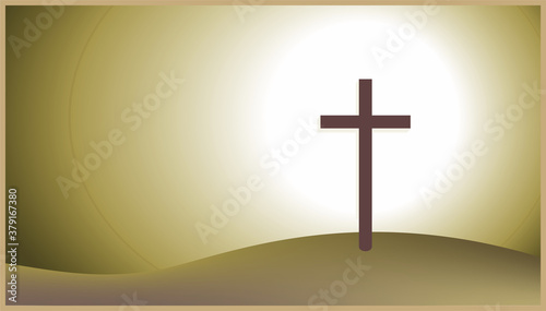 Cross on a hill in atmospheric light. Vector illustration.