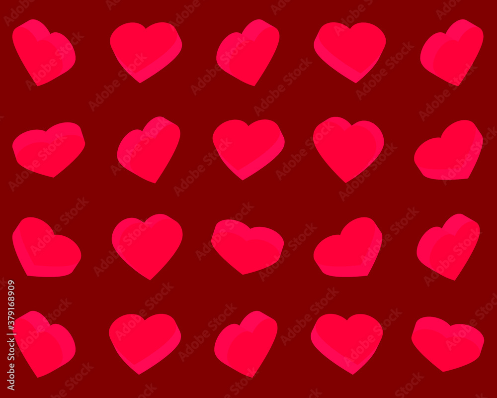 Red hearts on a red background. Vector illustration for fabric design, print for textile, wrapping, wed design, packaging, etc. 