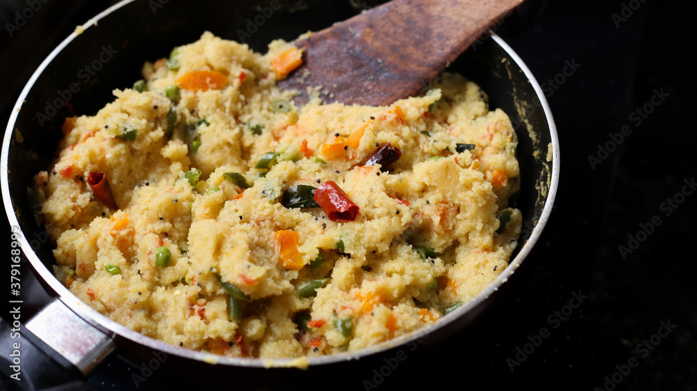Preparing south indian breakfast, Rava upma recipes