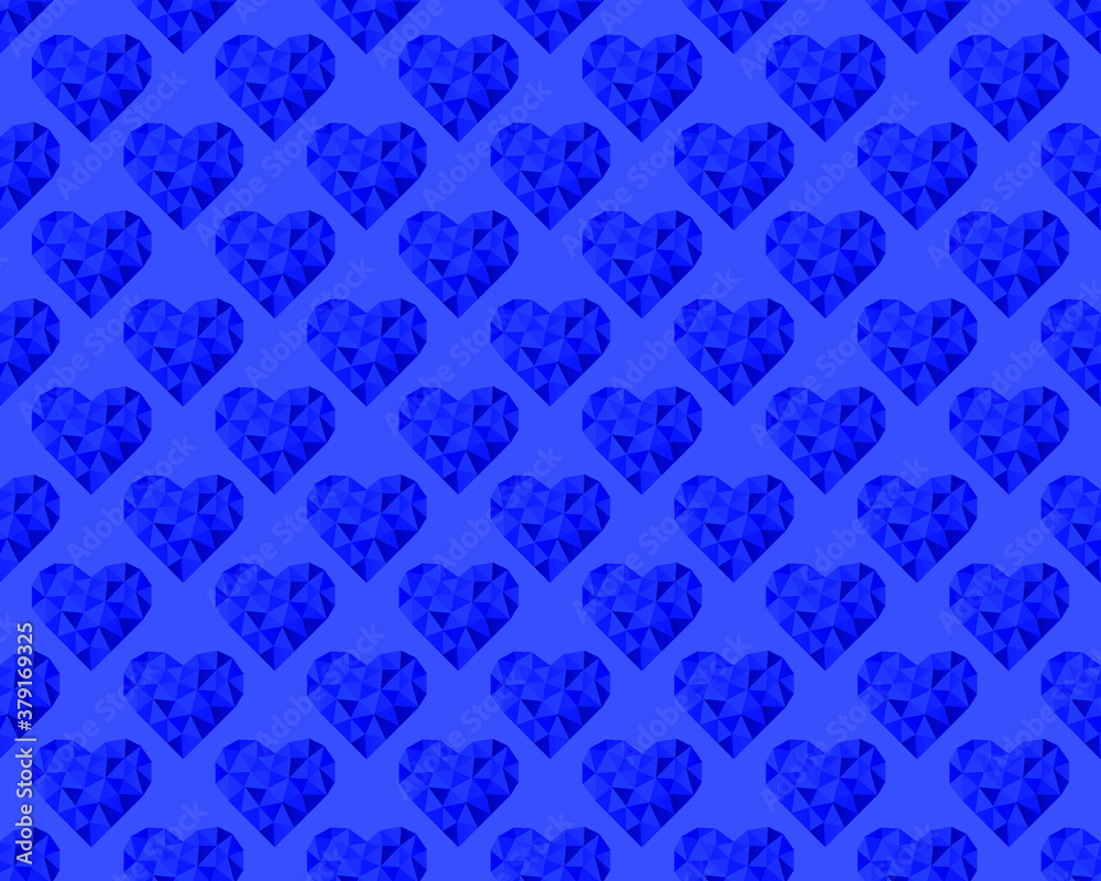 Blue polygonal hearts on a blue background. Seamless pattern. Vector illustration for fabric design, print for textile, wrapping, wed design, packaging, etc.