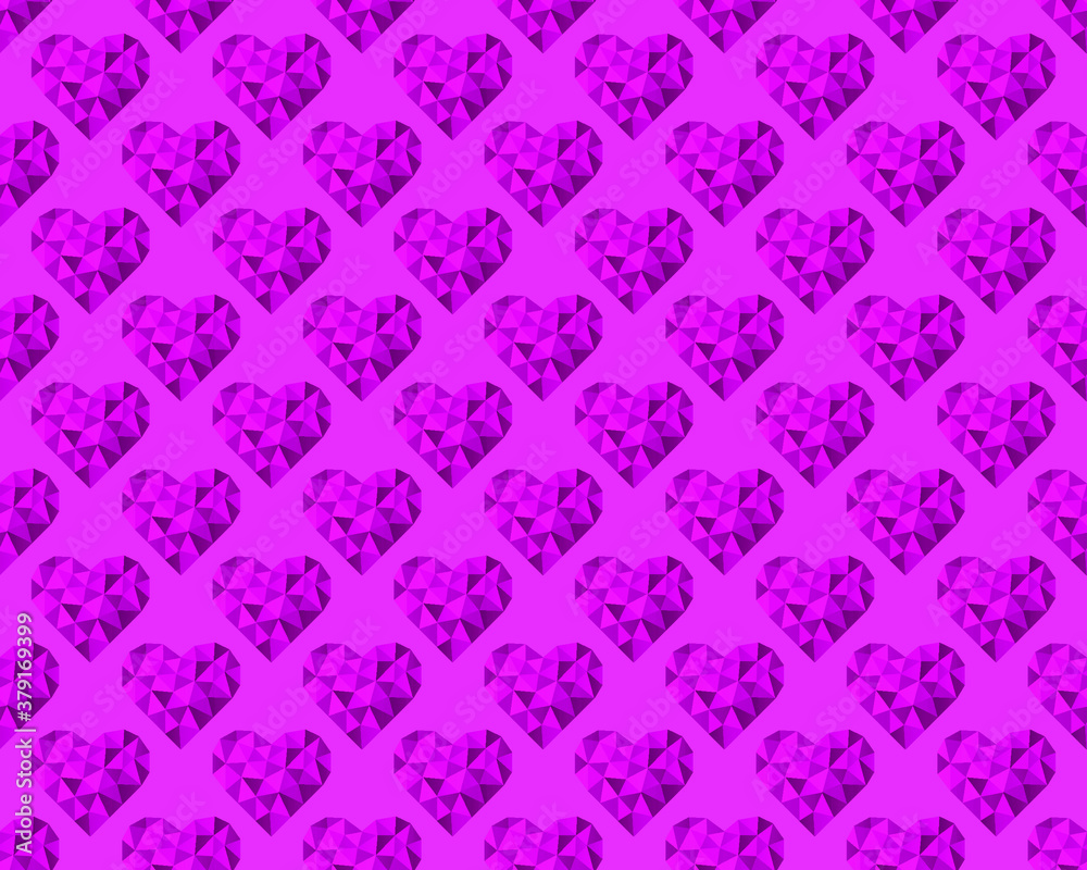 Purple polygonal hearts on a purple background. Seamless pattern. Vector illustration for fabric design, print for textile, wrapping, wed design, packaging, etc 