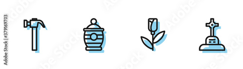 Set line Flower rose, Hammer, Funeral urn and Grave with cross icon. Vector.