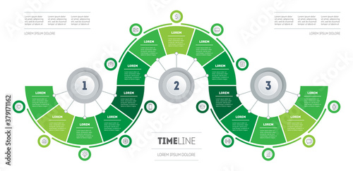 Infographic in the form of wave, consisting of 15 parts divided into 3 segments of 5 parts. Diagram of green technology. Presentation of Eco Business with fifteen options. Vector.