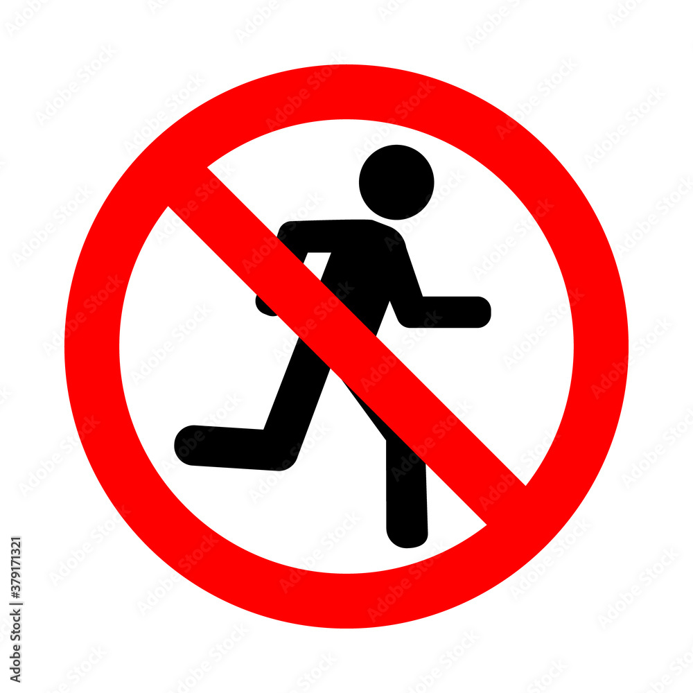 No running sign. Vector illustration of red crossed circle sign with runner icon inside. Ban for runners isolated on white background. Prohibition symbol. No running sign. Vector illustration of red crossed circle sign with runner icon inside. Ban for runners isolated on white background. Prohibition symbol.