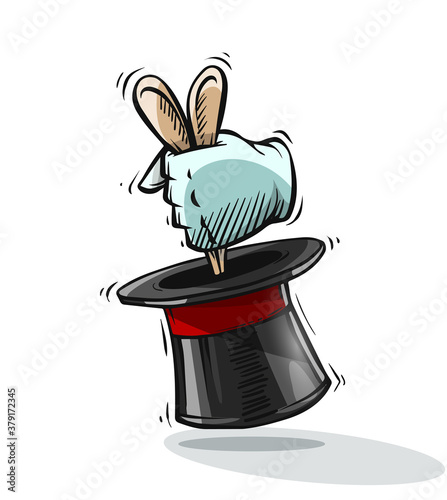 Magical focus trick. Hand of magician gets ears of hare rabbit from top hat cylinder. Hand drawn draft sketch, isolated on white background. Eps10 vector illustration.