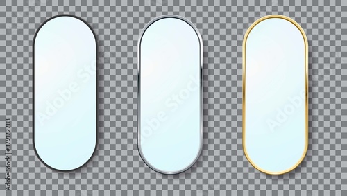 Realistic mirrors oval frame vector set of different colors isolated. Realistic metalic oval frames mirrors template. Reflecting glass surfaces isolated. 3D icons vector set.