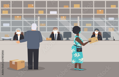 Post office is open during epidemic of virus. Postal workers in protective medical masks serve customers. There are postal scales, parcels, barrier, people in PPE,shelving,boxes. Vector illustration