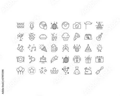 set of celebration thin line icons, birthday, party, anniversary