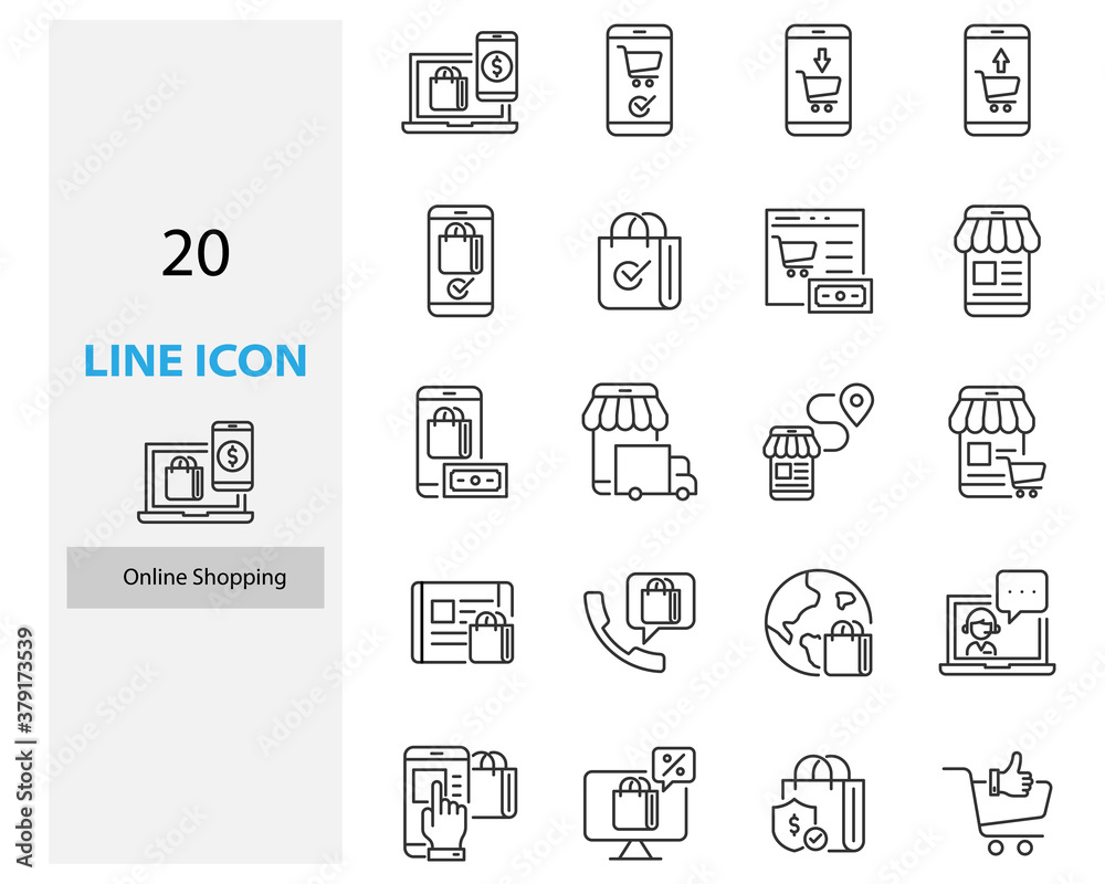set of online shopping thin line icons, online store, app