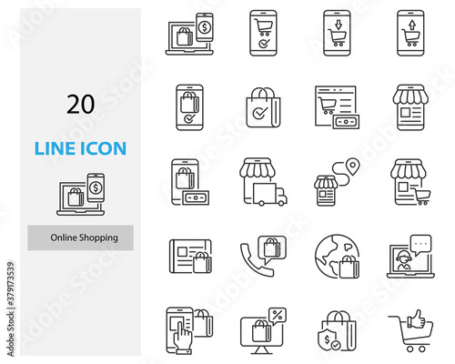 set of online shopping thin line icons, online store, app