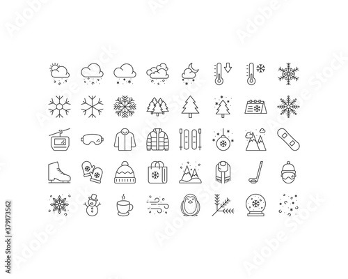 set of winter season thin line icons, snow, snowflake, weather